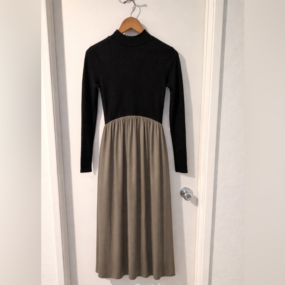 Zara Midi Dress Mock Neck Black Top Taupe Skirt Size L Minimal Capsule Wardrobe